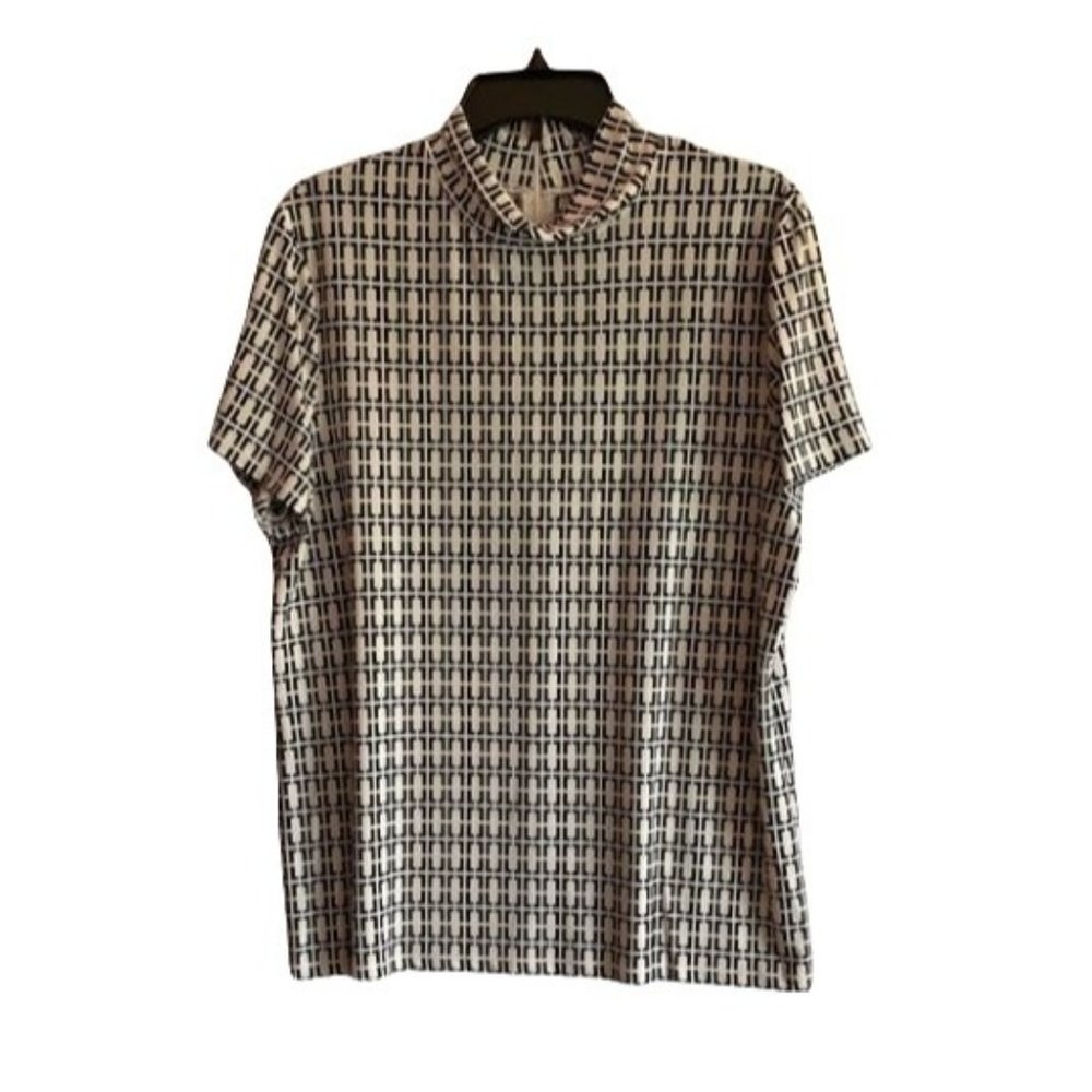 *Anne Klein XL Turtle Neck Black White Geo Pattern Knit Blouse